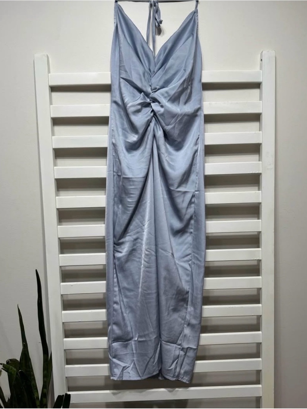 Light Blue Satin Twist-Front Halter Dress